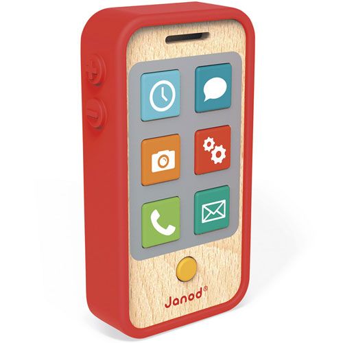 Janod houten speelgoedtelefoon met rood siliconen omhulsel en gekleurde app-icoontjes op het scherm.