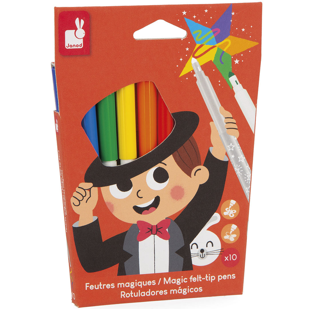 Verpakking van de Janod toverstiften met een illustratie van een tovenaar en een konijn.