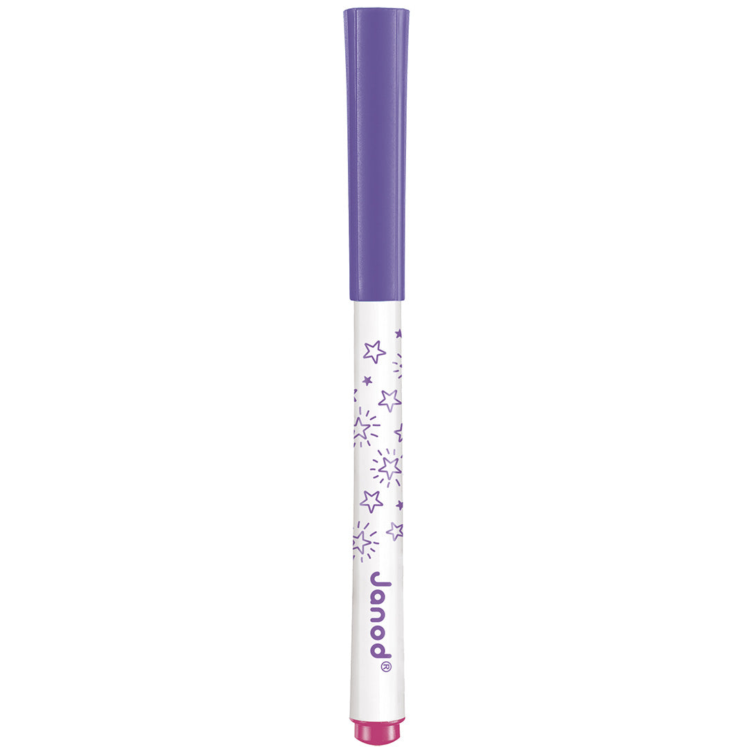 Een paarse Janod toverstift met sterrenpatroon, staand met de dop erop.