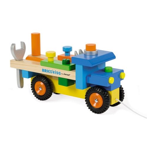 Janod houten trekfiguur vrachtwagen met gereedschap op de laadbak.