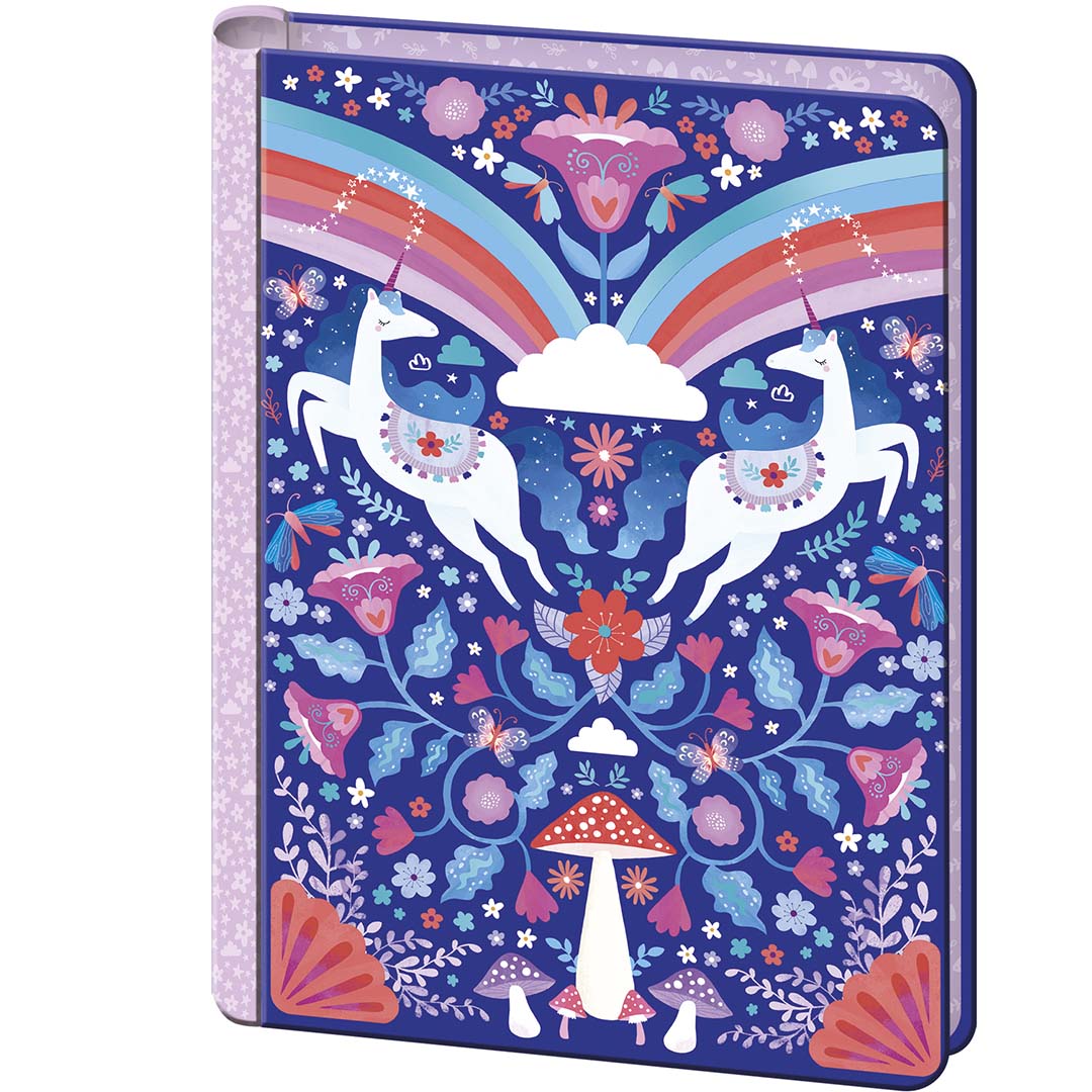 Janod uitnodigingen Dreamland set met een donkerblauwe kaft versierd met twee eenhoorns, een regenboog en bloemen.