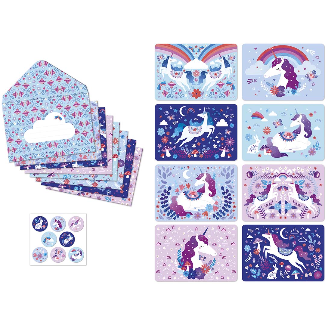 De Janod Dreamland uitnodigingen set met acht enveloppen, acht kaarten met eenhoorns en bloemen, en een stickervel.