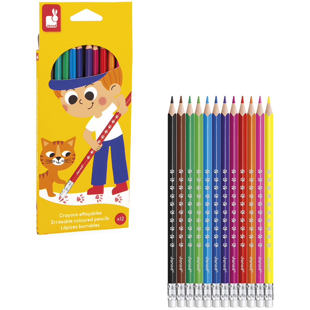 Janod set van 12 kleurpotloden met gummetje en de verpakking met een jongen en kat.