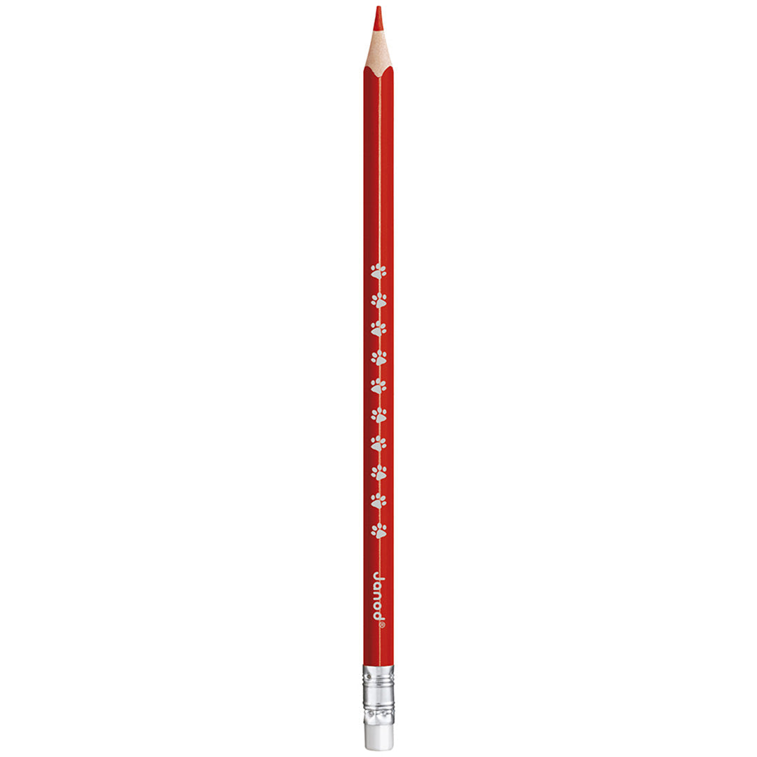 Een enkel rood Janod kleurpotlood met gummetje en pootafdrukken.