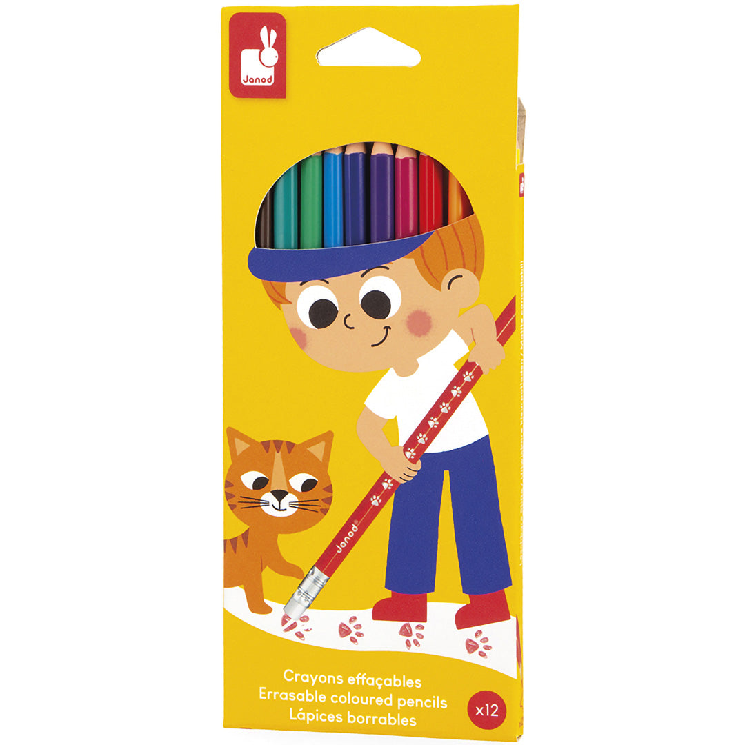 De Janod verpakking van de kleurpotloden met een illustratie van een jongen en een kat.