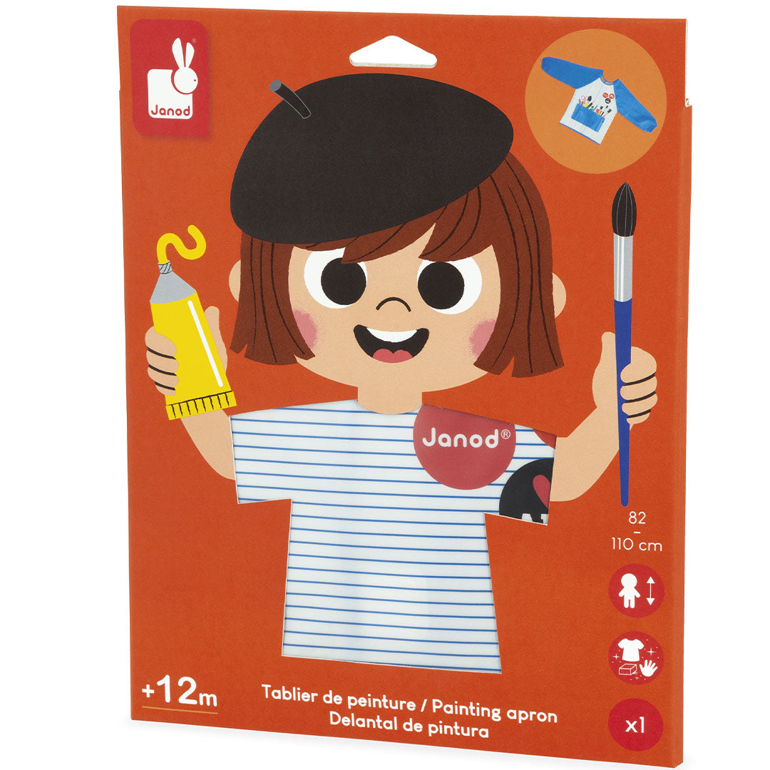 De verpakking van het Janod verfschort, met een illustratie van een kind met schilderspullen.