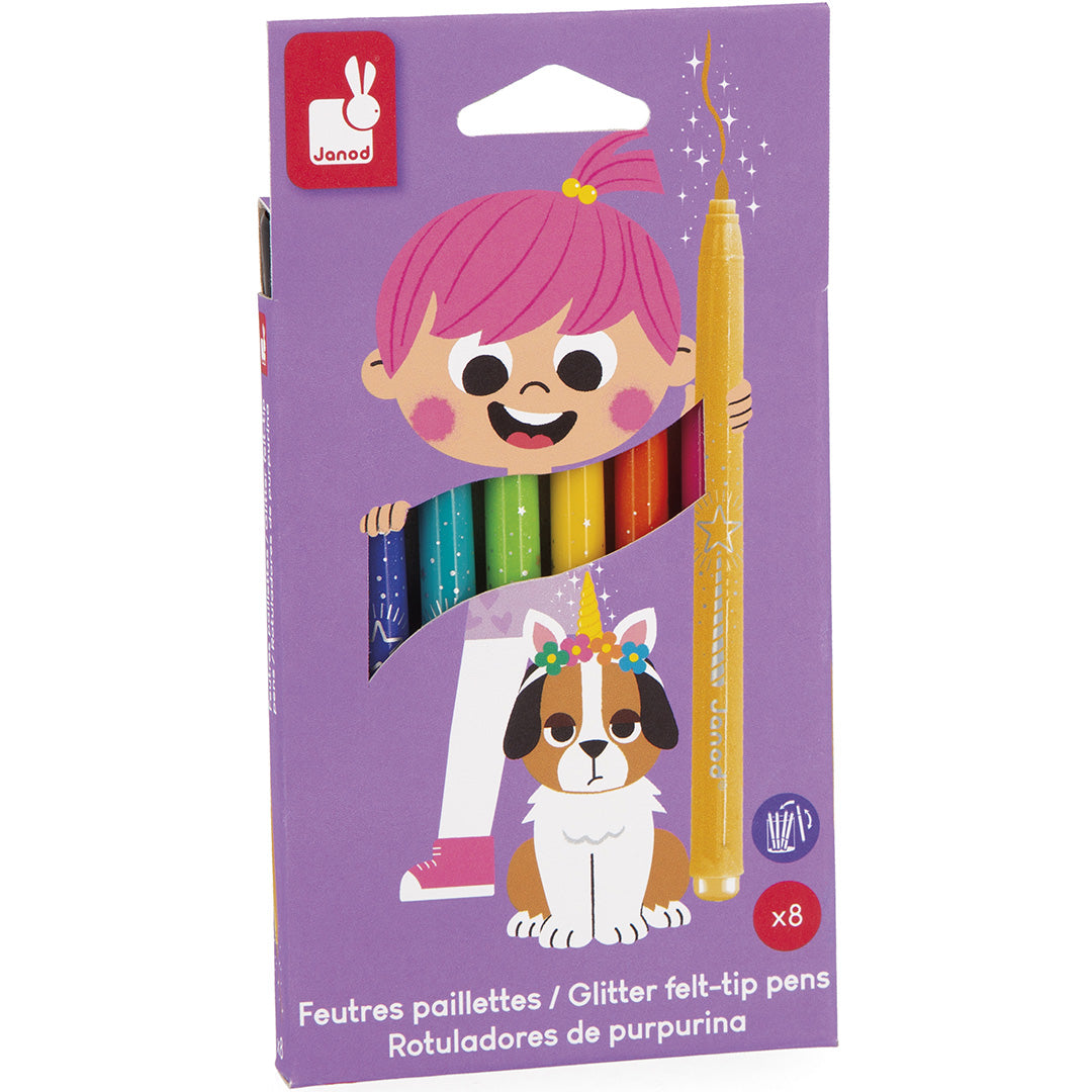 Janod verpakking van 8 glitter viltstiften met een cartoon kind en hond.