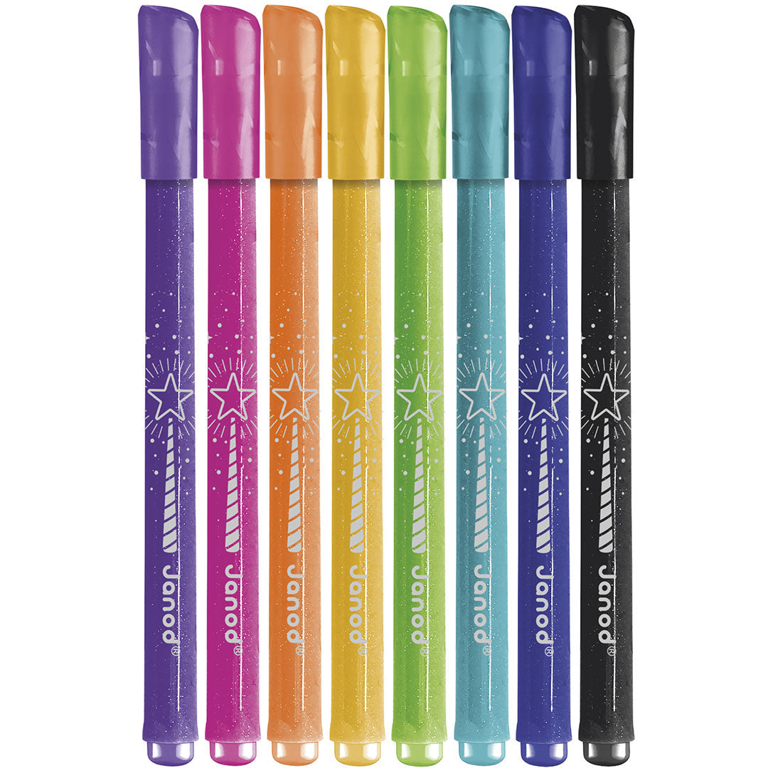 Acht Janod glitter viltstiften in verschillende kleuren met sterrenpatroon.