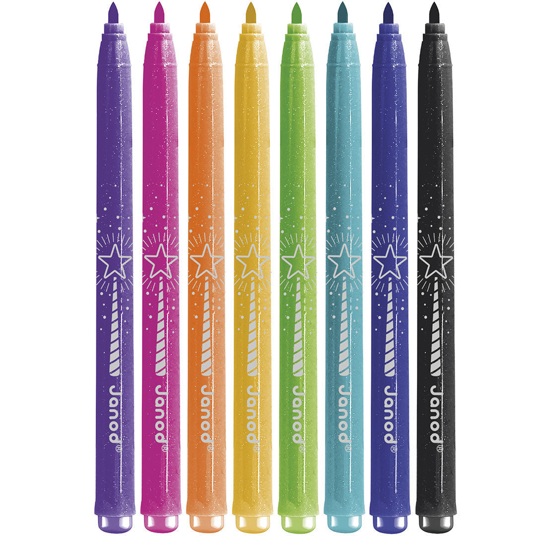 Acht Janod glitter viltstiften zonder dop in verschillende kleuren met sterrenpatroon.