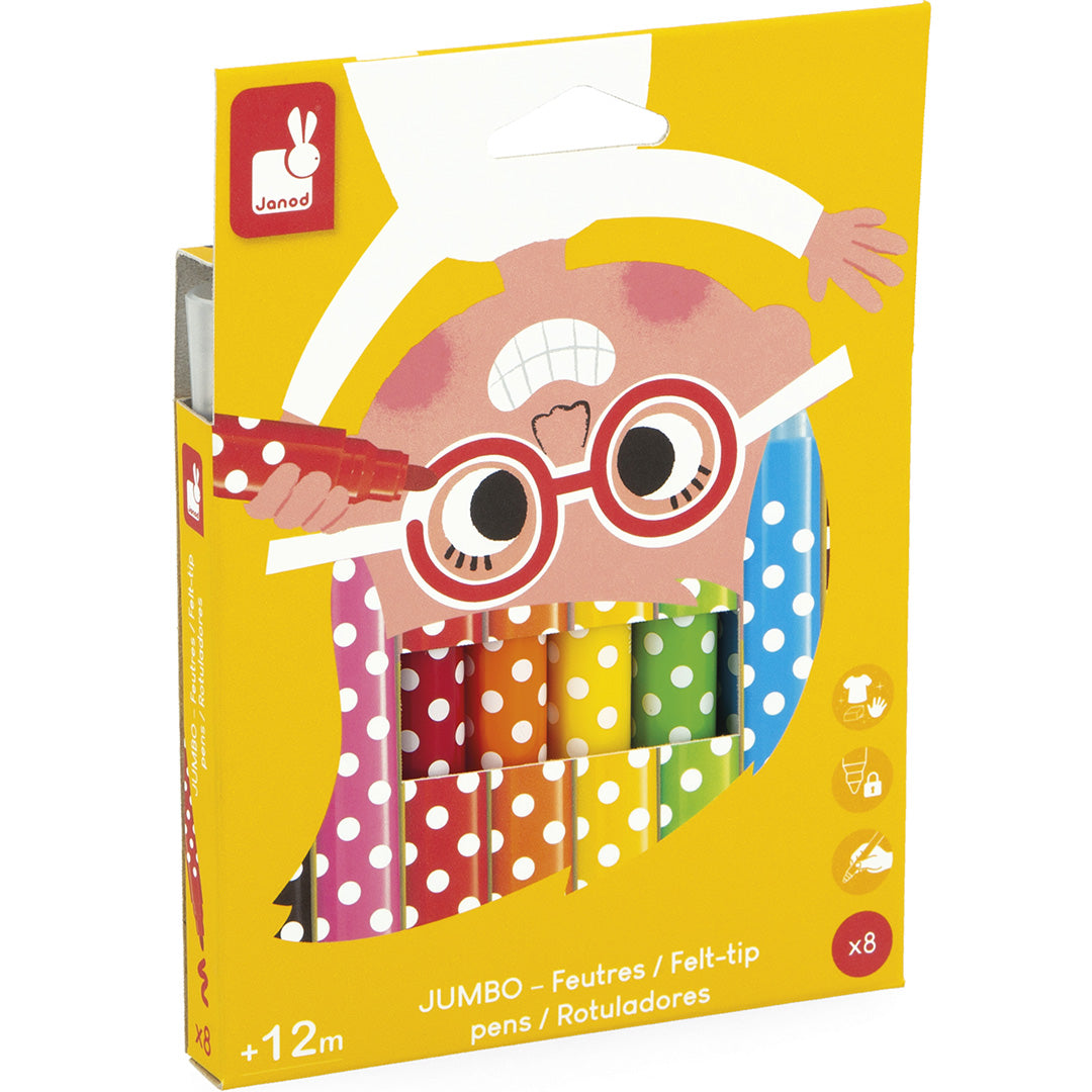 Janod verpakking van 8 jumbo viltstiften met stippenpatroon, geschikt vanaf 12 maanden.
