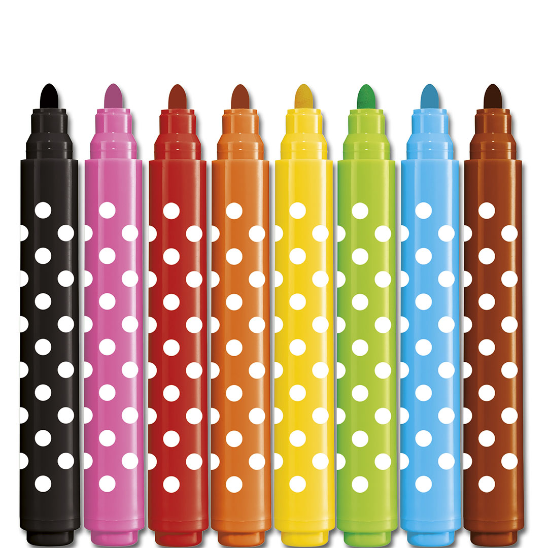 Acht Janod jumbo viltstiften in diverse kleuren met witte stippen, zonder dop, staand in een rij.