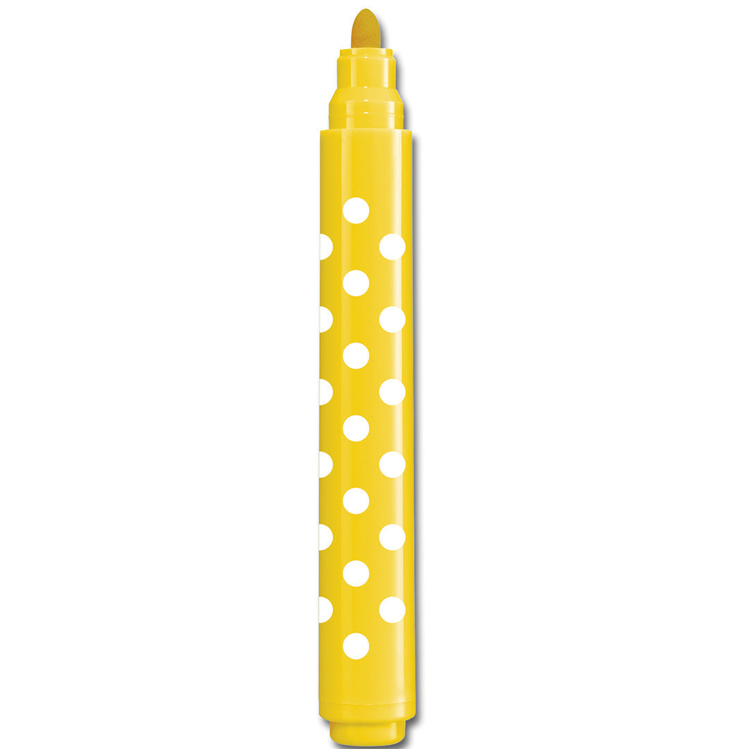 Een gele jumbo viltstift met witte stippen, zonder dop.