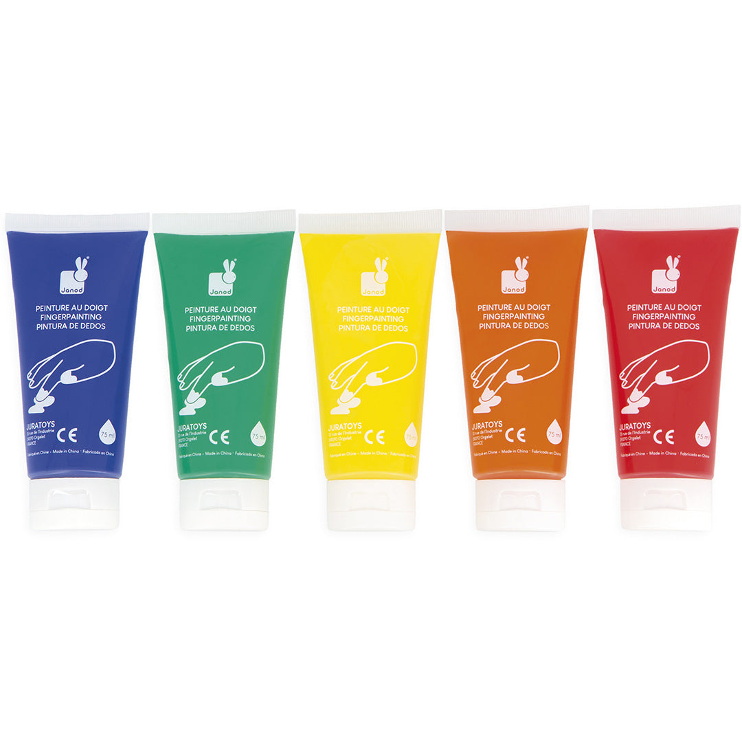 Vijf tubes Janod vingerverf in blauw, groen, geel, oranje en rood.