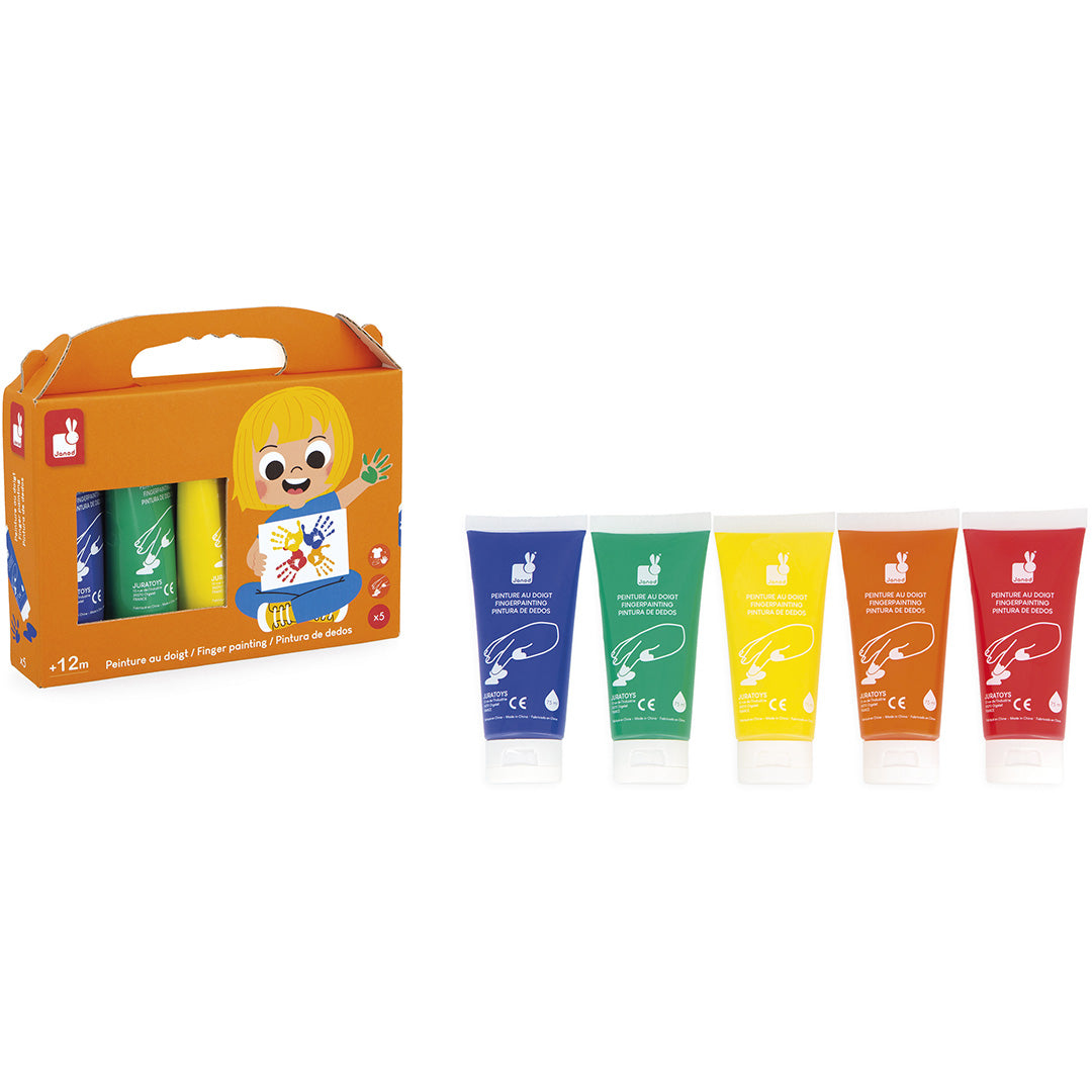 Janod vingerverf set met vijf tubes en de oranje productverpakking.