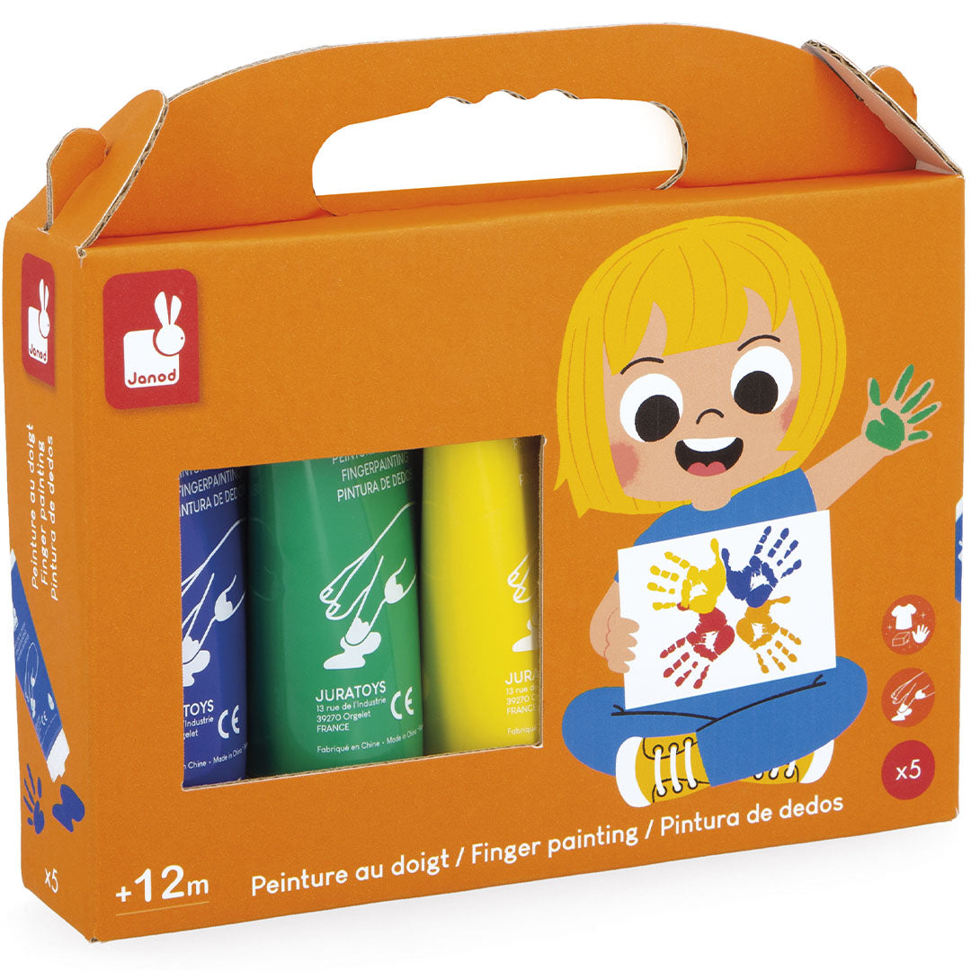 De oranje Janod vingerverf verpakking met een kindillustratie en drie tubes.