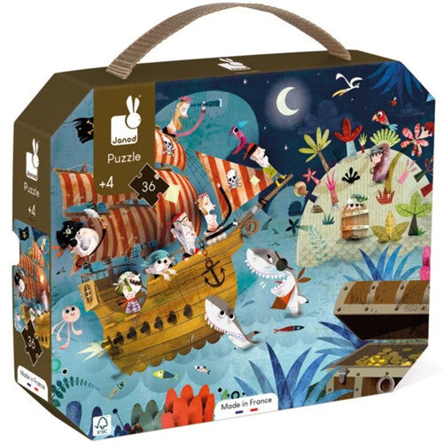 Janod vloerpuzzel piraten verpakking met een illustratie van een piratenschip en schatkist.