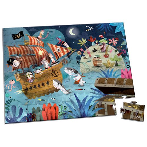 Janod vloerpuzzel piraten met een afbeelding van een piratenschip, haaien en een schatkist, met één los puzzelstukje.