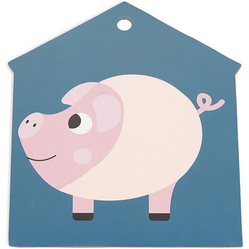 Een blauwe Janod voelkaart in de vorm van een huis met een roze varken.