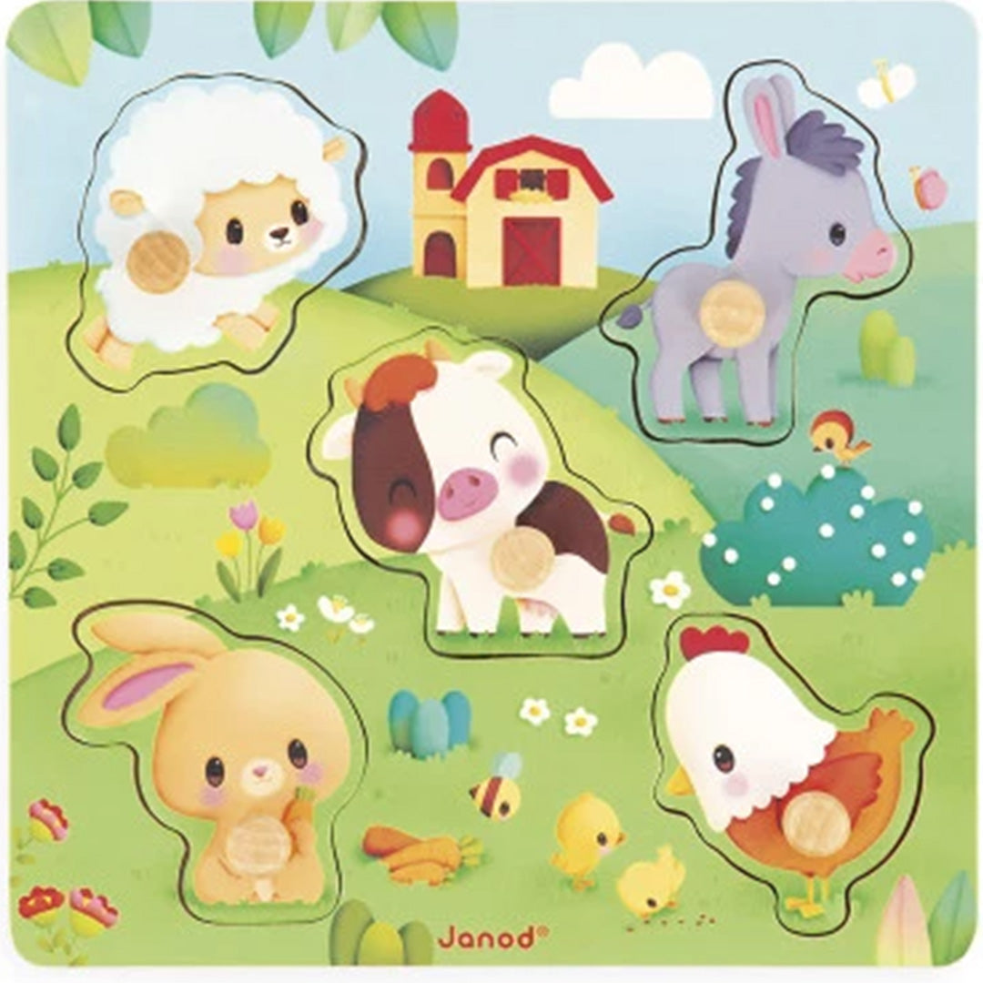 Janod houten voelpuzzel met boerderijdieren zoals een schaap, koe, ezel, konijn en kip, allemaal in de puzzel.