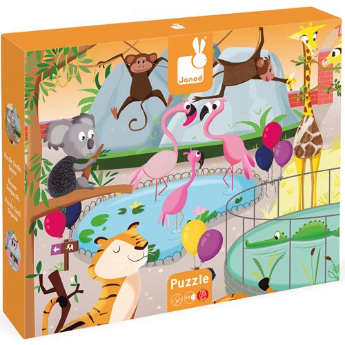 De oranje verpakking van de Janod voelpuzzel met een dierentuin thema.