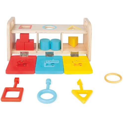 Janod houten vormenstoof met sleutels, waarbij alle gekleurde kleppen open zijn en de vormen zichtbaar zijn.