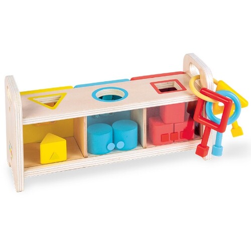 Janod houten vormenstoof met sleutels, waarbij de sleutels aan de zijkant hangen en de kleppen gesloten zijn.