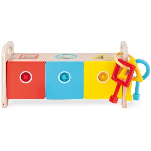 Janod houten vormenstoof met sleutels, frontaal gezien met alle kleppen gesloten en de sleutels aan de zijkant.