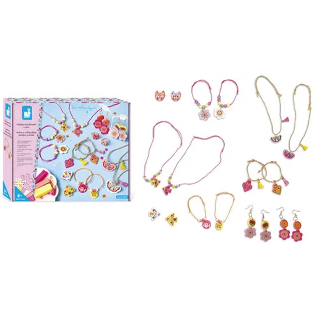 De Janod vriendschapssieraden maken set met de verpakking en een overzicht van de gemaakte bloem- en dierensieraden.