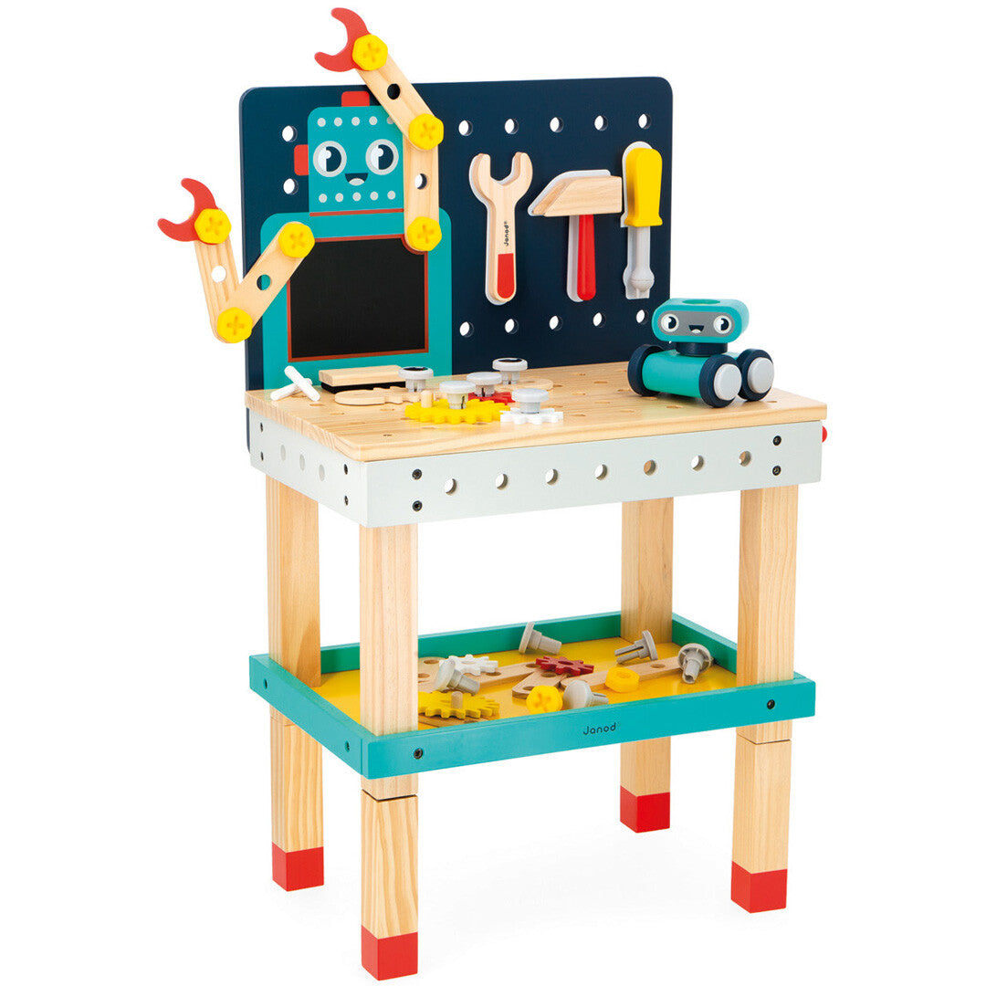 Janod houten robot werkbank met gereedschap en een robotfiguur.