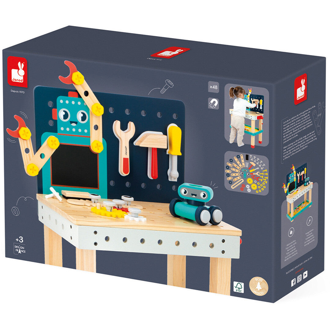 De verpakking van de Janod houten robot werkbank.