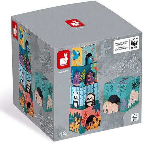 De verpakking van de Janod WWF stapeltoren met dieren, met afbeeldingen van het speelgoed en logo's.