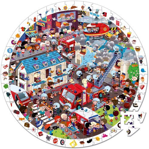 Voltooide legpuzzel met een drukke brandweerscène in een stad.