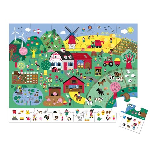 Janod legpuzzel de boerderij met een los puzzelstukje dat een deel van het boerderijtafereel toont.