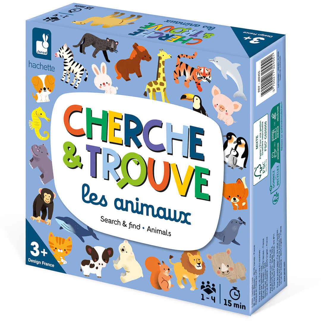 De schuine verpakking van het Janod Cherche & Trouve les Animaux zoekspel met diverse cartoon dieren.