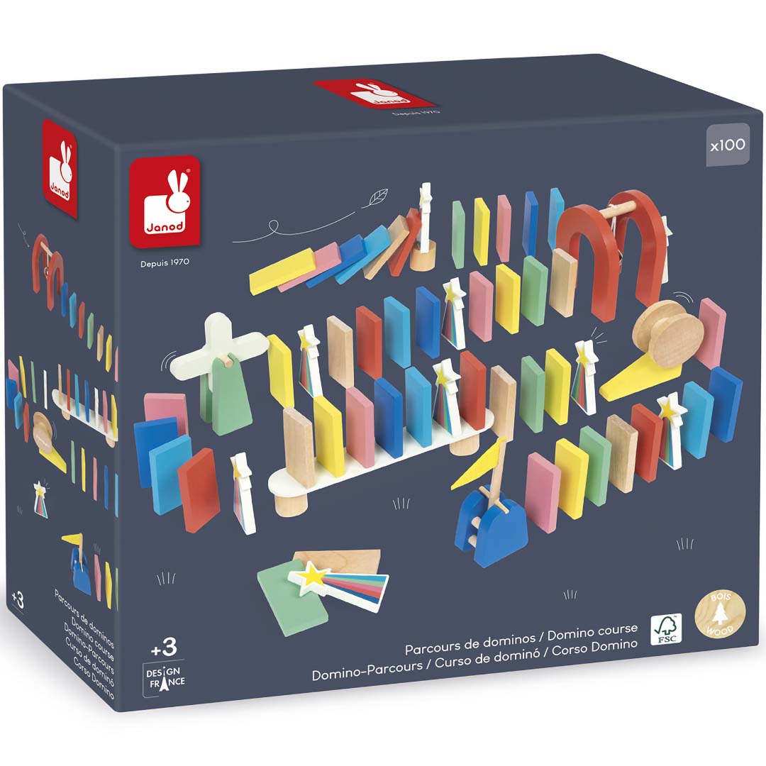 Verpakking van de Janod houten domino kettingreactie set met kleurrijke dominostenen en speciale elementen.