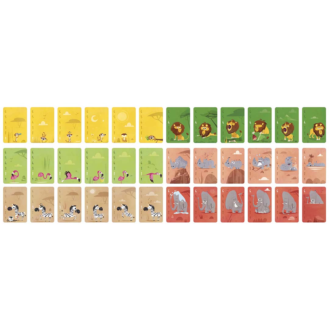 Alle speelkaarten van het Janod Battle Game, met afbeeldingen van diverse safari dieren en nummers.