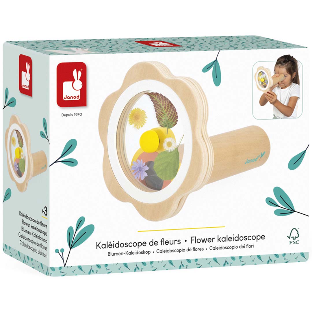 De verpakking van de Janod houten bloemenkaleidoscoop.