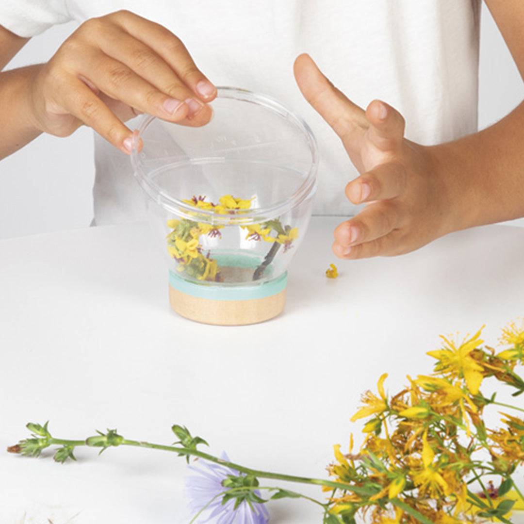 Kinderhanden vullen het Janod kijkglas met kleine gele bloemen.