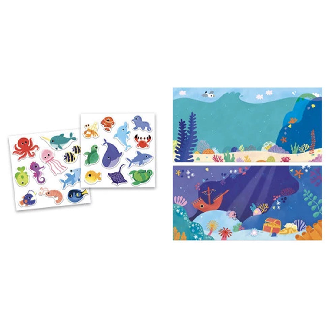 Twee vellen met Janod herbruikbare zeedieren stickers en twee lege achtergrondplaten met onderwater scènes.