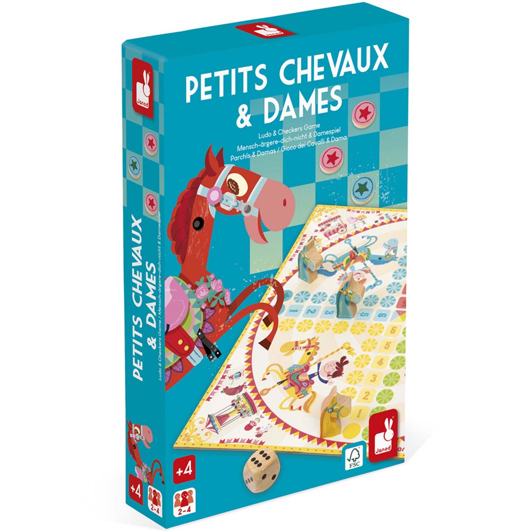 Verpakking van het Janod Petits Chevaux & Dames bordspel met een rood paard en spelbord.