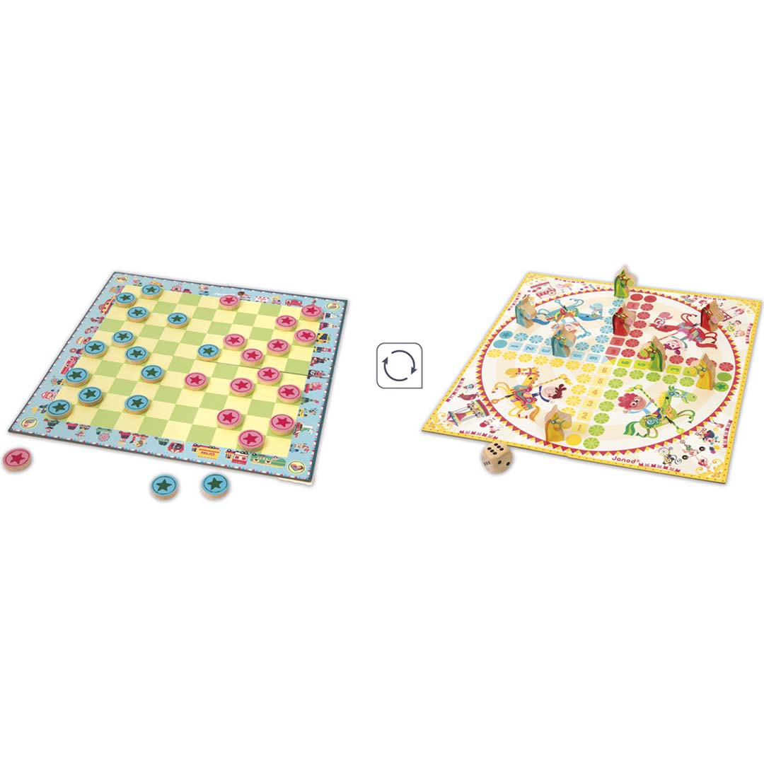 De twee speelborden van het Janod Ludo en dammen bordspel naast elkaar.