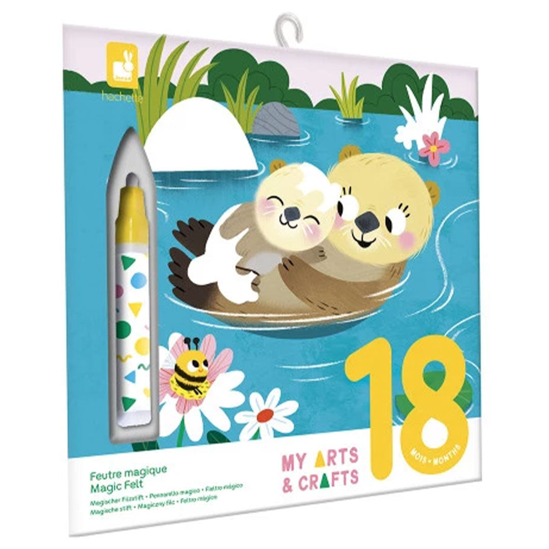 De Janod magische kleurplaten verpakking toont een otter met babyotter in het water en een gele stift.