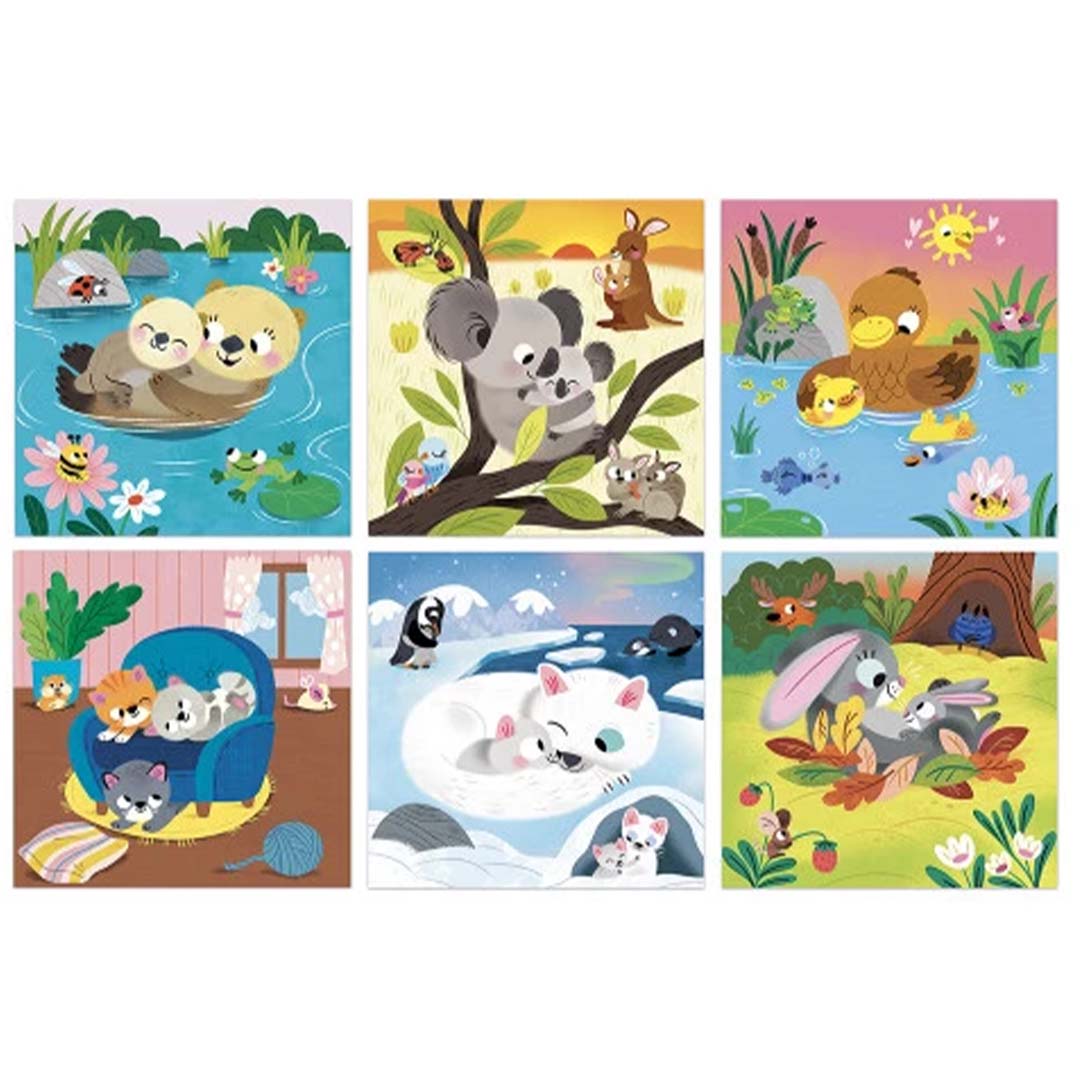 Zes Janod magische kleurplaten met verschillende knuffeldieren en hun jongen, zoals otters, koala's en konijnen.