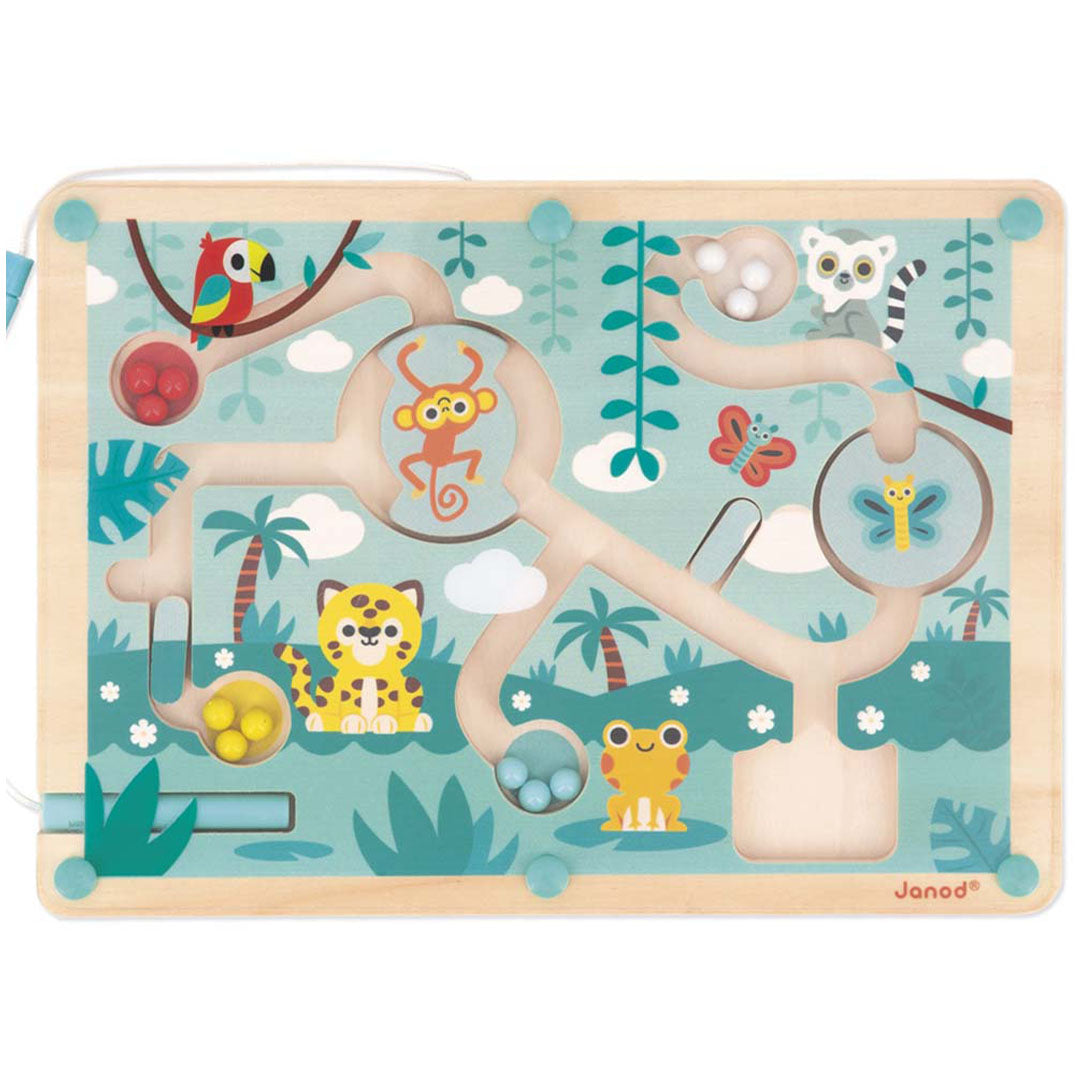 Janod houten magnetisch doolhof met tropische dieren en junglepatroon.