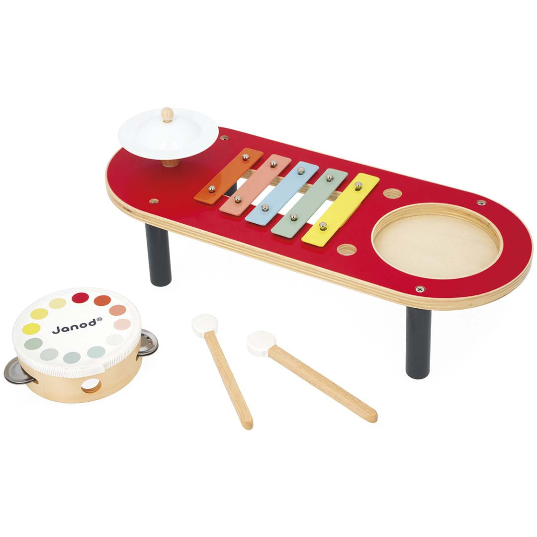 Janod houten muziektafel met xylofoon, cymbaal, losse trommel en twee stokjes.