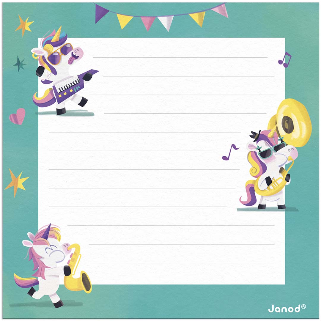 Janod notitiekaart met schrijflijnen en illustraties van eenhoorns die muziek maken.