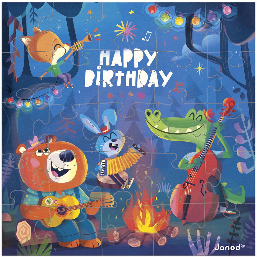 Janod puzzelkaart met bosdieren die muziek maken rond een kampvuur en de tekst "Happy Birthday".