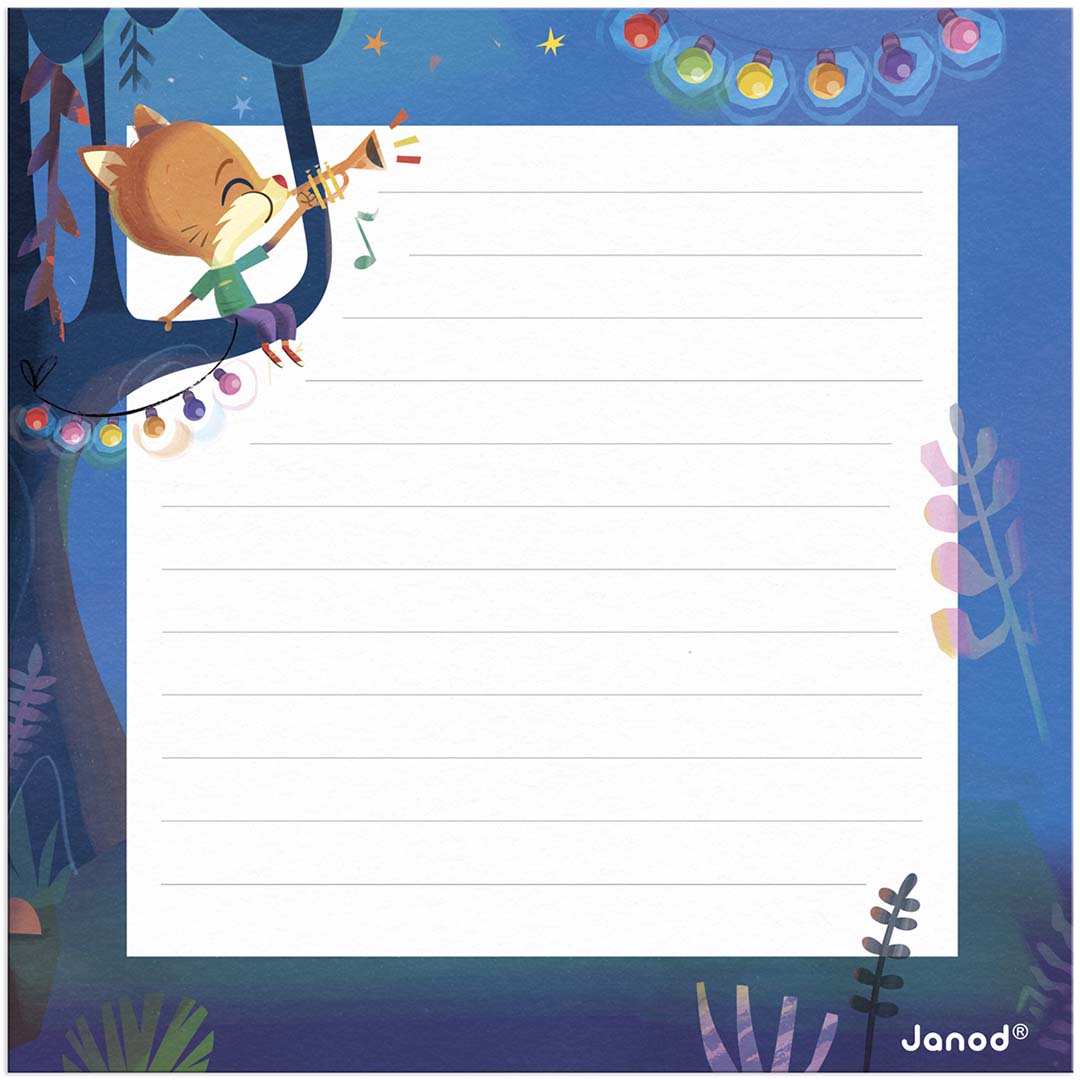 Blanco Janod schrijfvel met lijntjes en een illustratie van een vos die trompet speelt in een boom.