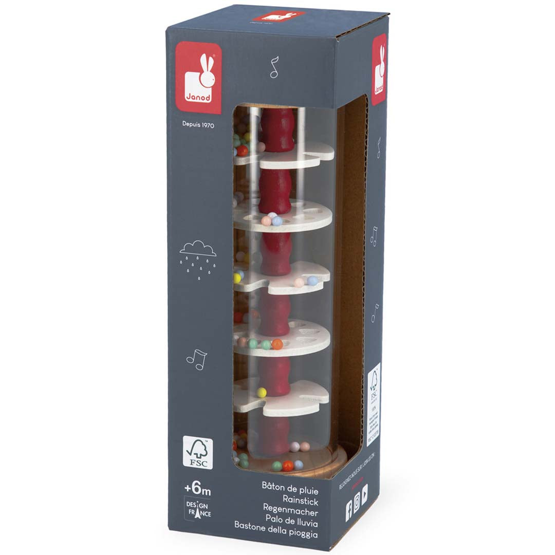 De Janod houten regenkoker in de donkergrijze productverpakking.