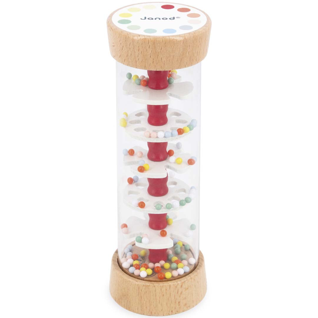 Janod houten regenkoker met kleurrijke confetti-kraaltjes die door een spiraal vallen.